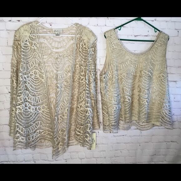 Soulmates Women New 2 Pc Crochet 100% Silk Hand‎ Crafted Top,Jacket /Blazer - Picture 2 of 14